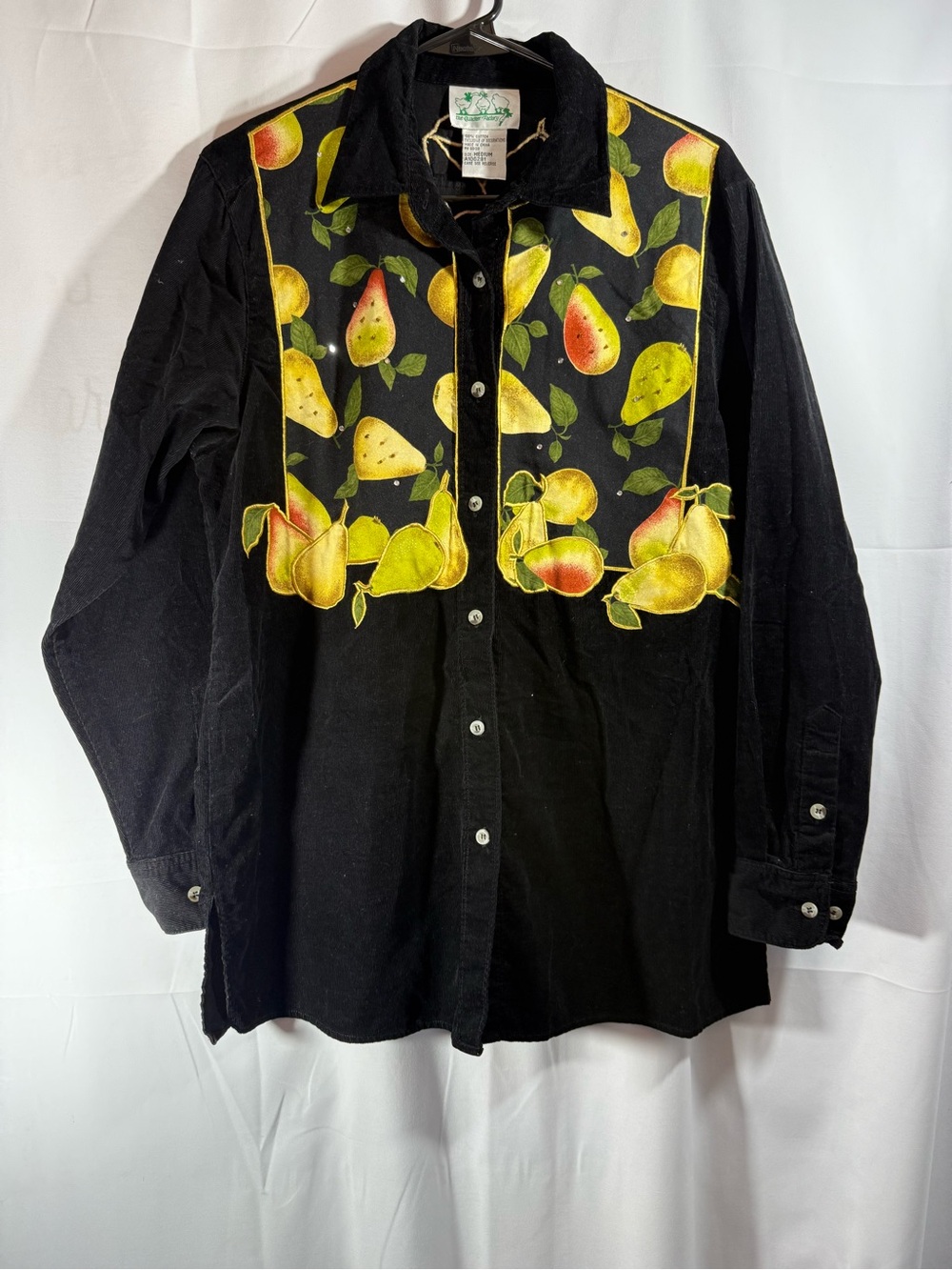 Vintage Quacker Factory Black Corduroy Button-Up Shirt Pear Print Size Medium
